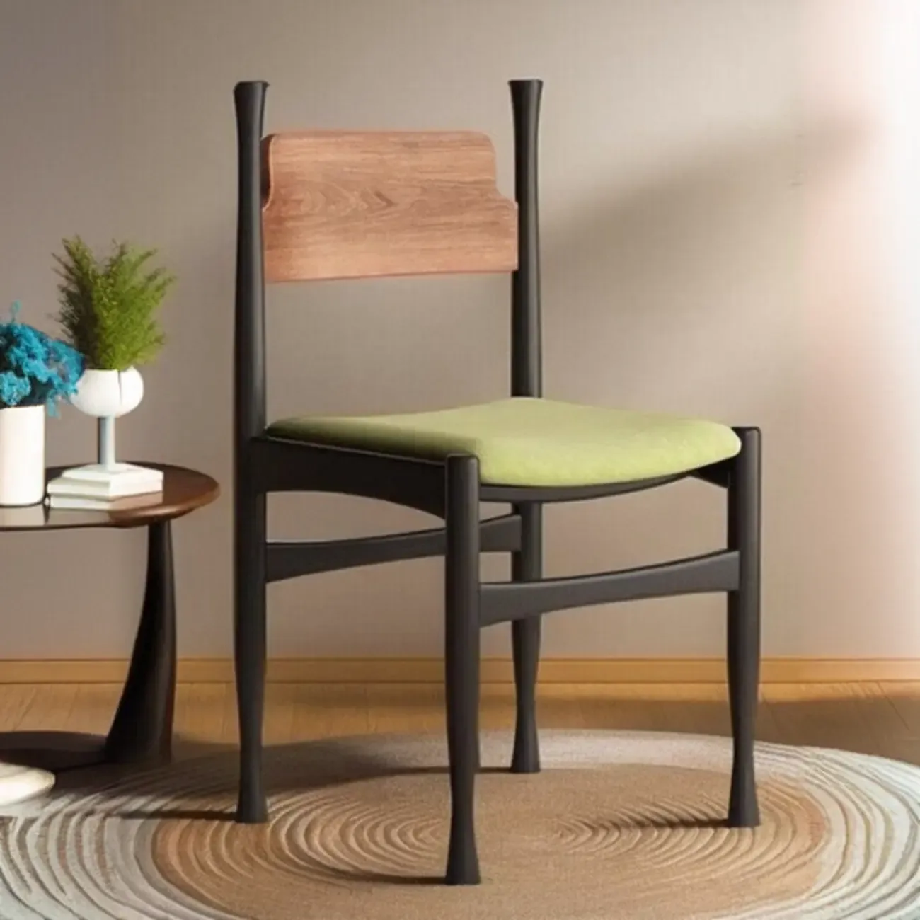 Minimalist Vintage Wood Frame and Upholstered Dining Chair Image - 1
