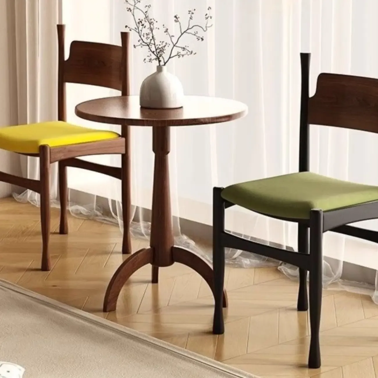 Minimalist Vintage Wood Frame and Upholstered Dining Chair Image - 10