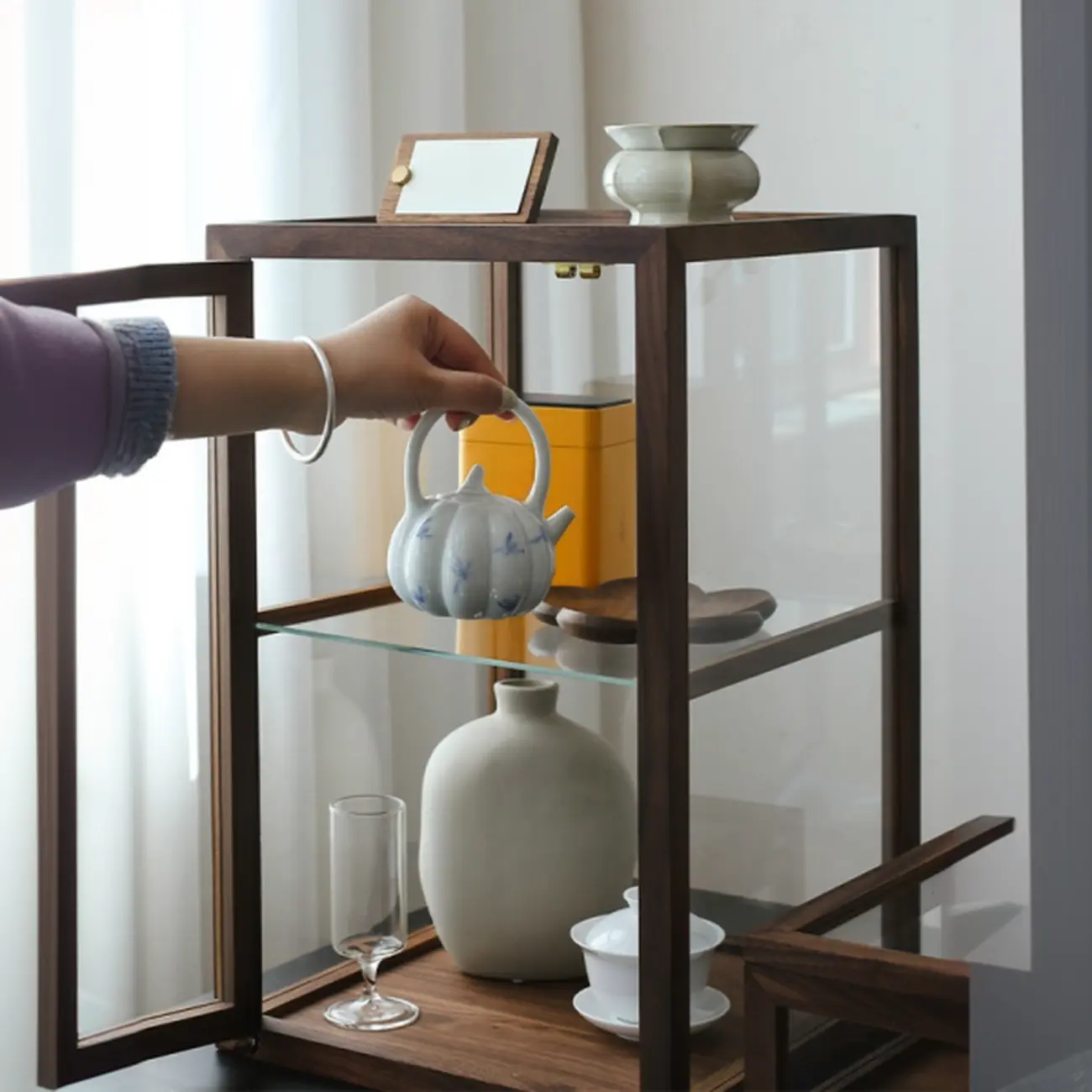 Tabletop Wooden Open Door Glass Small Display Cabinet  Image - 5 | homeyfad