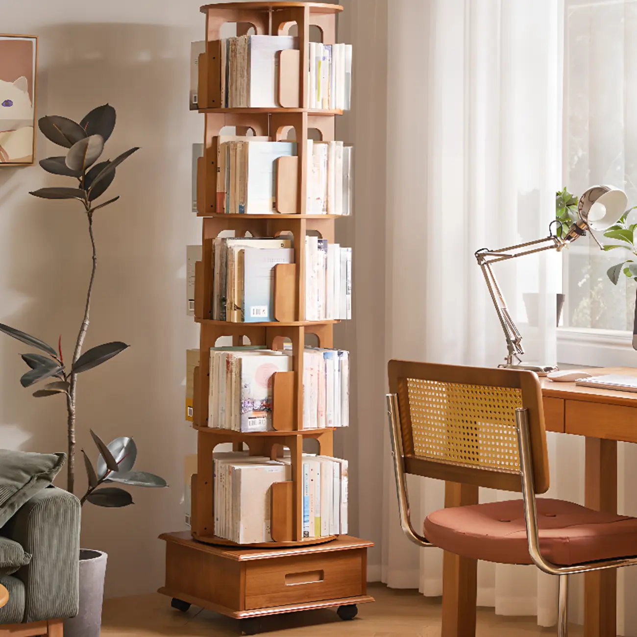 Narrow Rotating Cherry Wood Vertical Bookcase With Drawer Image - 2 | homeyfad