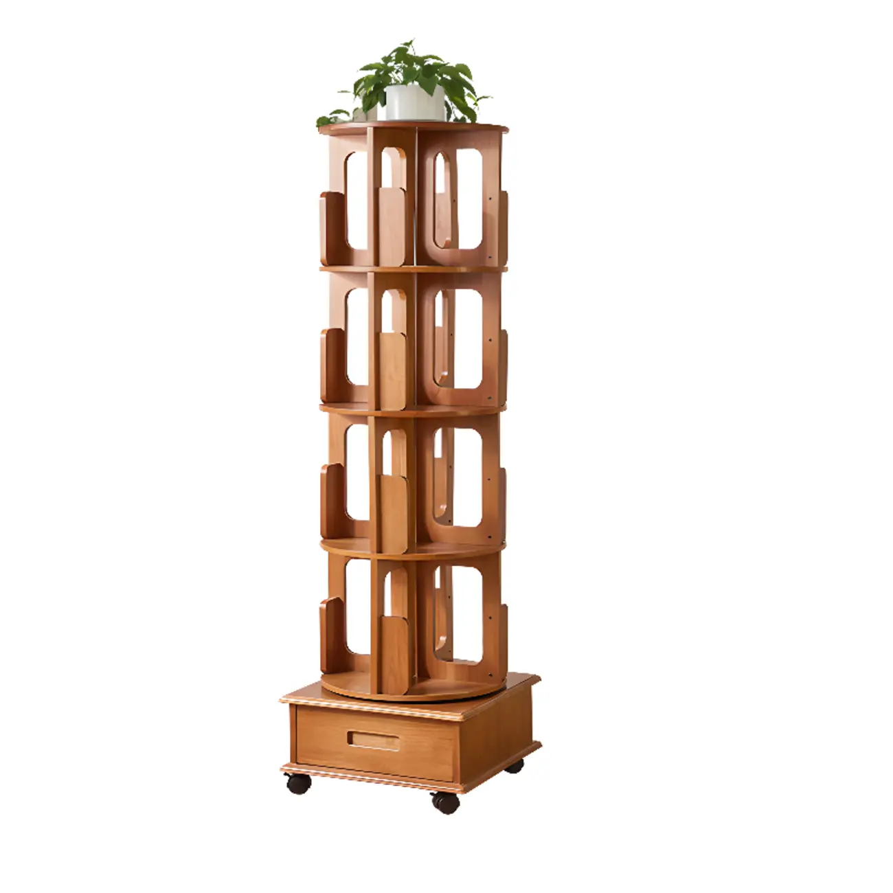 Narrow Rotating Cherry Wood Vertical Bookcase With Drawer Image - 7 | homeyfad