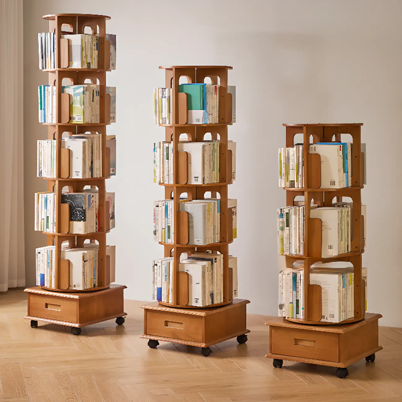 Narrow Rotating Cherry Wood Vertical Bookcase With Drawer Image - 1 | homeyfad