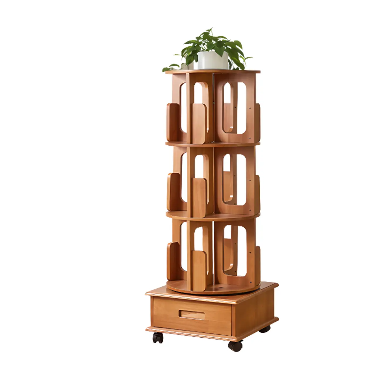 Narrow Rotating Cherry Wood Vertical Bookcase With Drawer Image - 5 | homeyfad