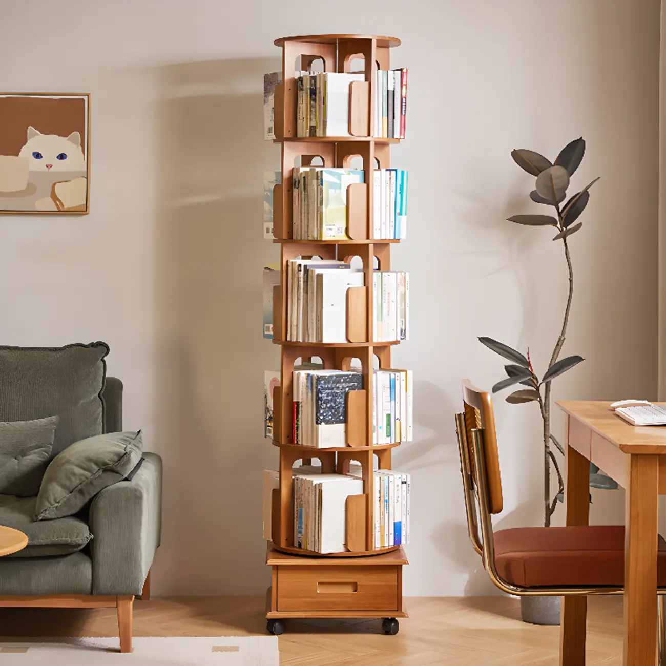 Narrow Rotating Cherry Wood Vertical Bookcase With Drawer Image - 3 | homeyfad