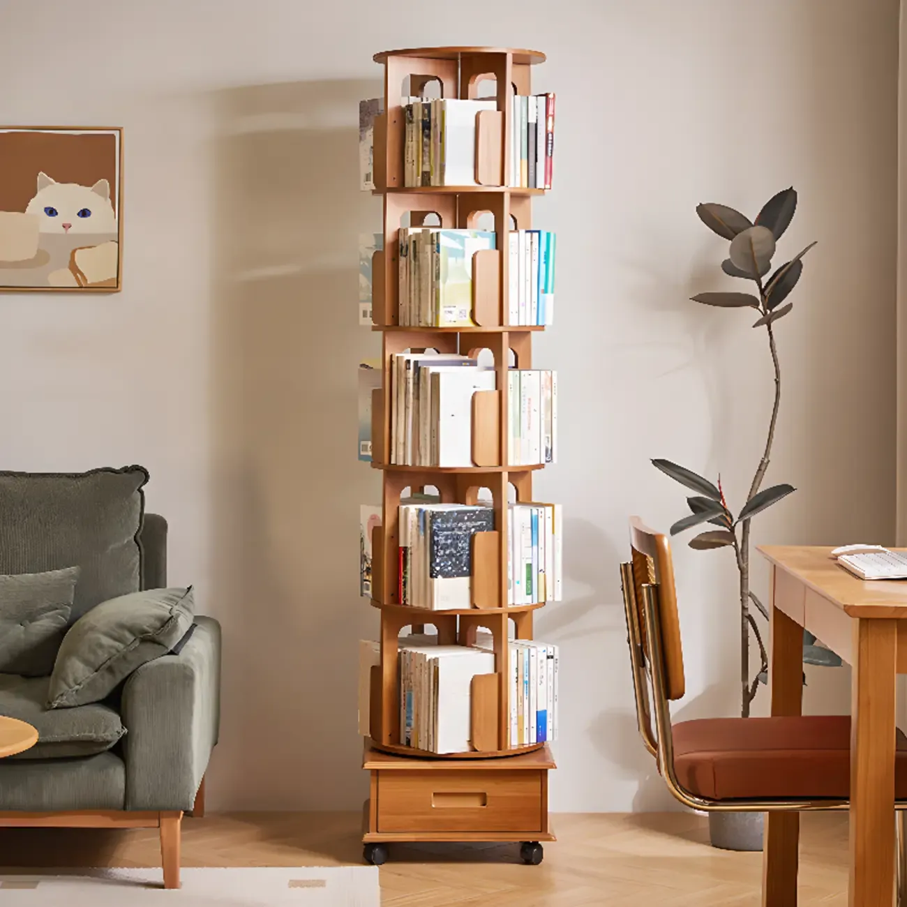 Narrow Rotating Cherry Wood Vertical Bookcase With Drawer Image - 3