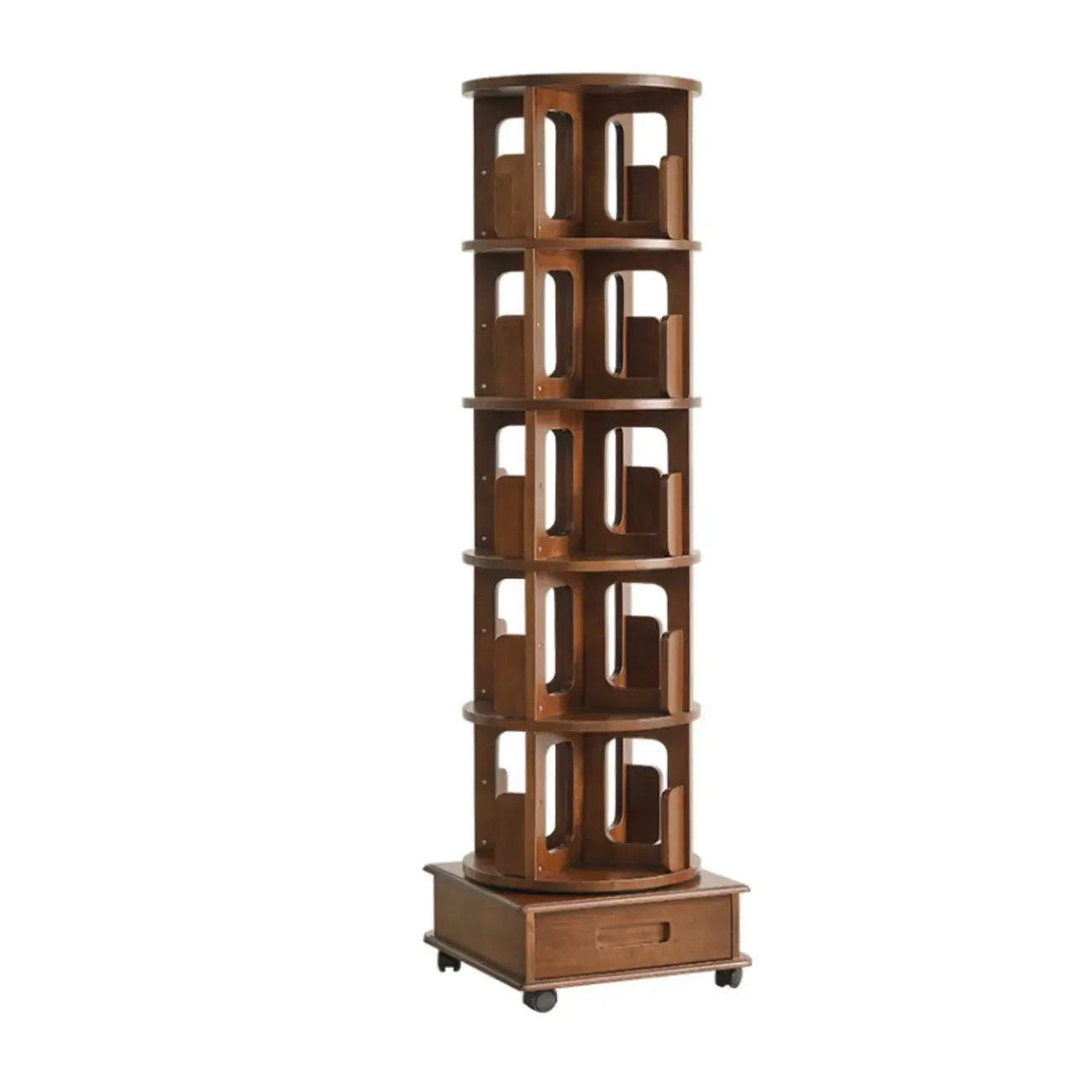 Narrow Rotating Cherry Wood Vertical Bookcase With Drawer Image - 15