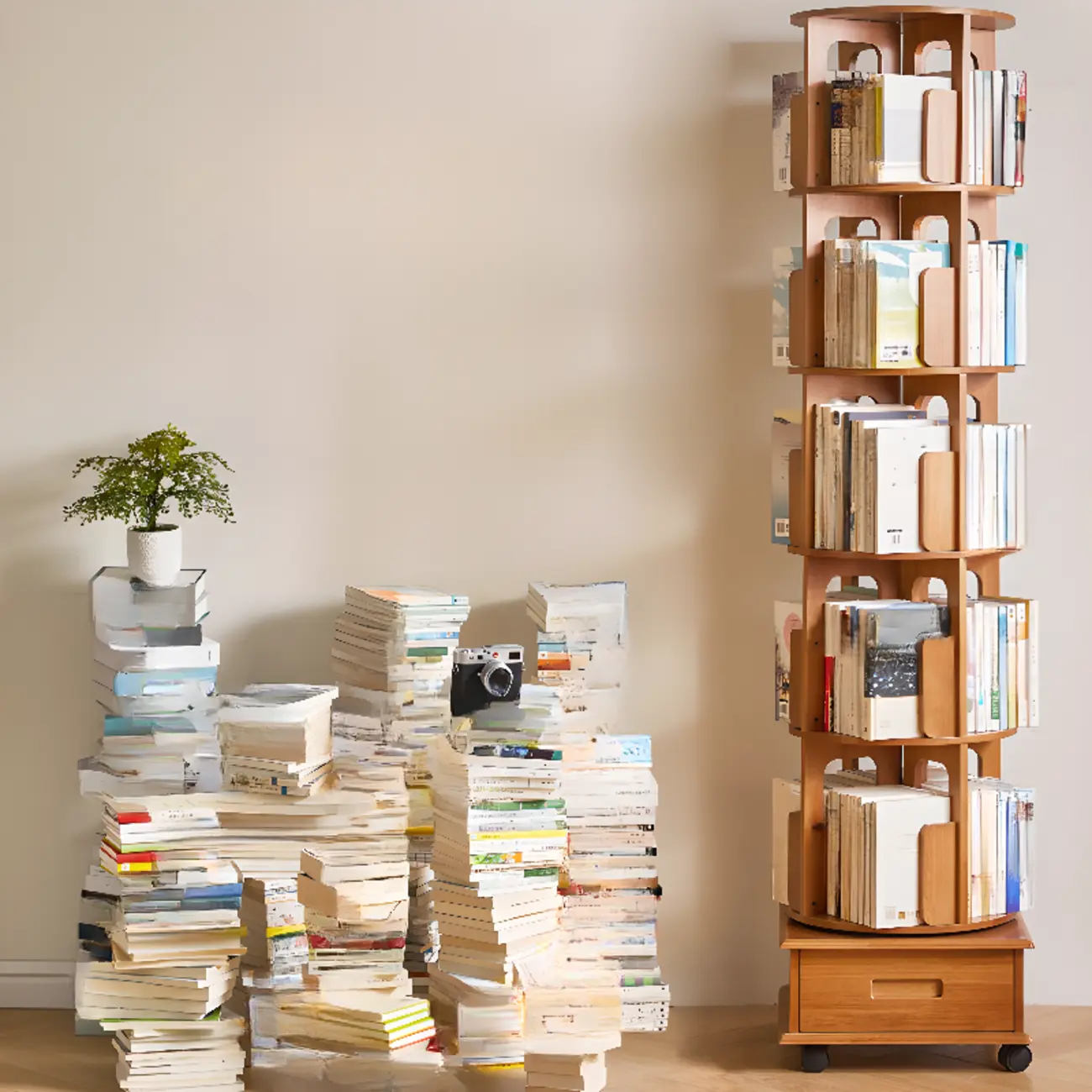 Narrow Rotating Cherry Wood Vertical Bookcase With Drawer Image - 4 | homeyfad