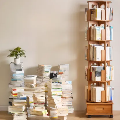 Narrow Rotating Cherry Wood Vertical Bookcase With Drawer Image - 4