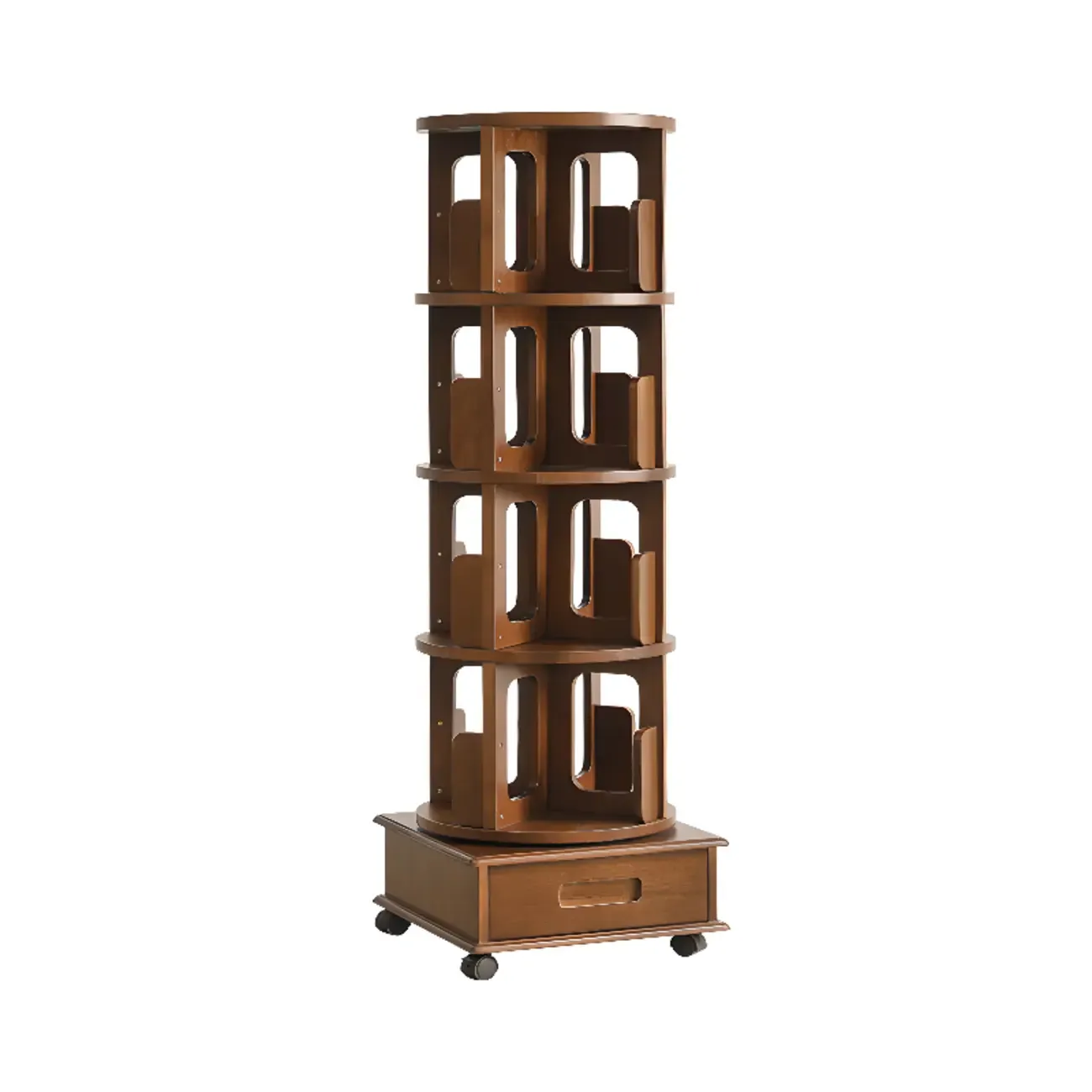 Narrow Rotating Cherry Wood Vertical Bookcase With Drawer Image - 13
