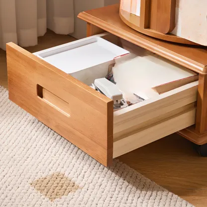 Narrow Rotating Cherry Wood Vertical Bookcase With Drawer Image - 6