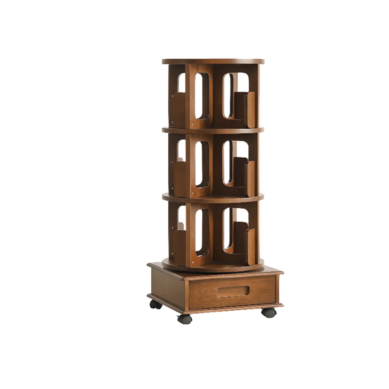 Narrow Rotating Cherry Wood Vertical Bookcase With Drawer Image - 11 | homeyfad
