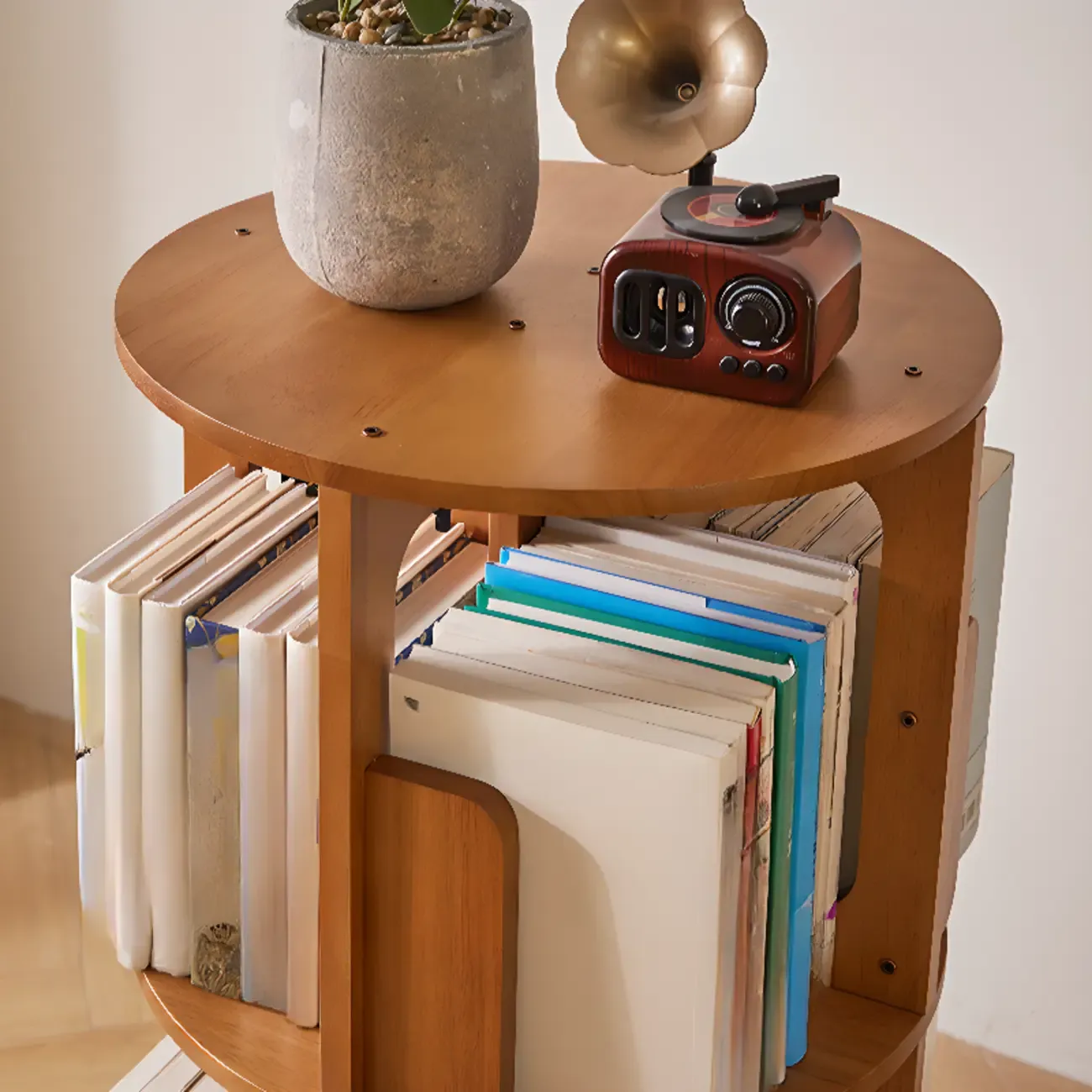 Narrow Rotating Cherry Wood Vertical Bookcase With Drawer Image - 8