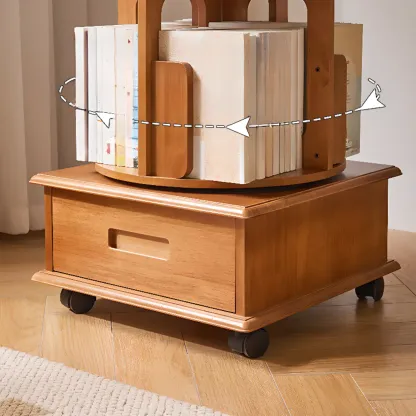 Narrow Rotating Cherry Wood Vertical Bookcase With Drawer Image - 10