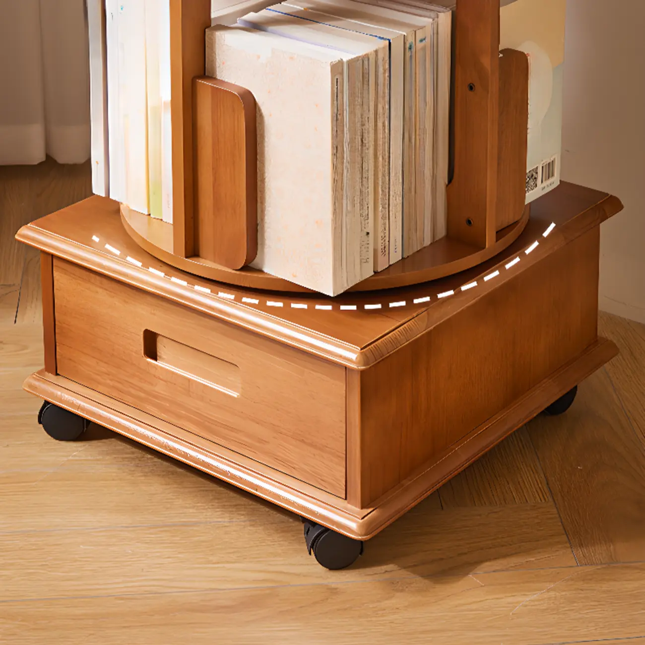 Narrow Rotating Cherry Wood Vertical Bookcase With Drawer Image - 12 | homeyfad