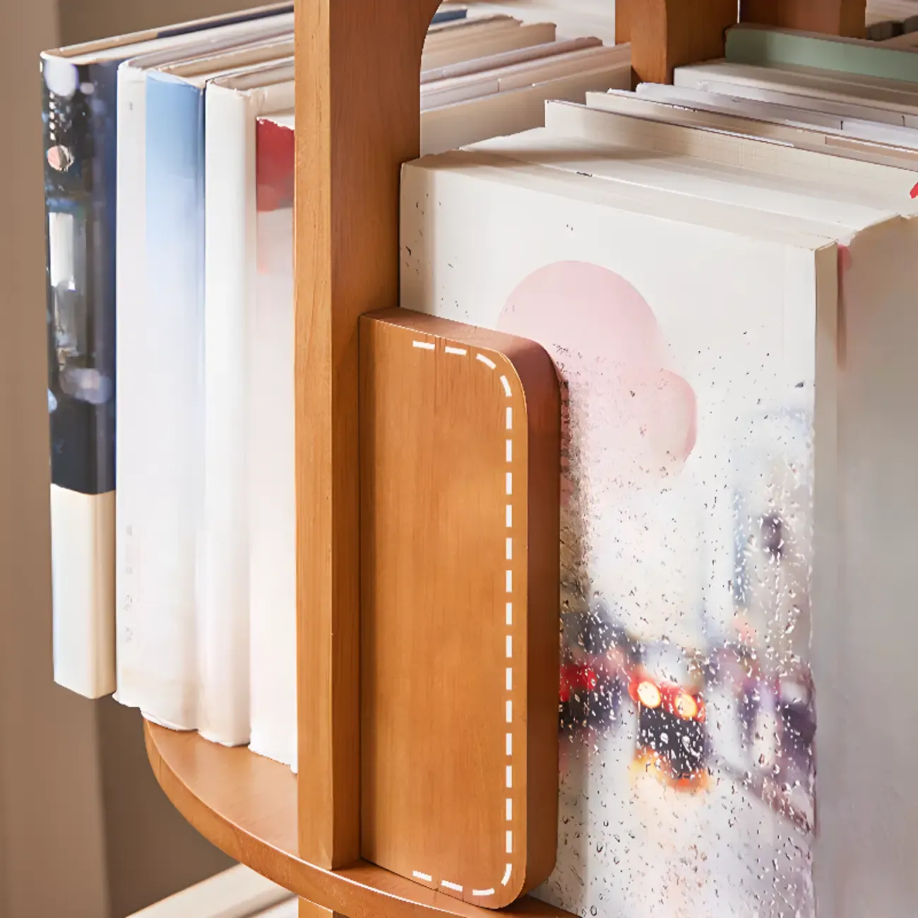 Narrow Rotating Cherry Wood Vertical Bookcase With Drawer Image - 14