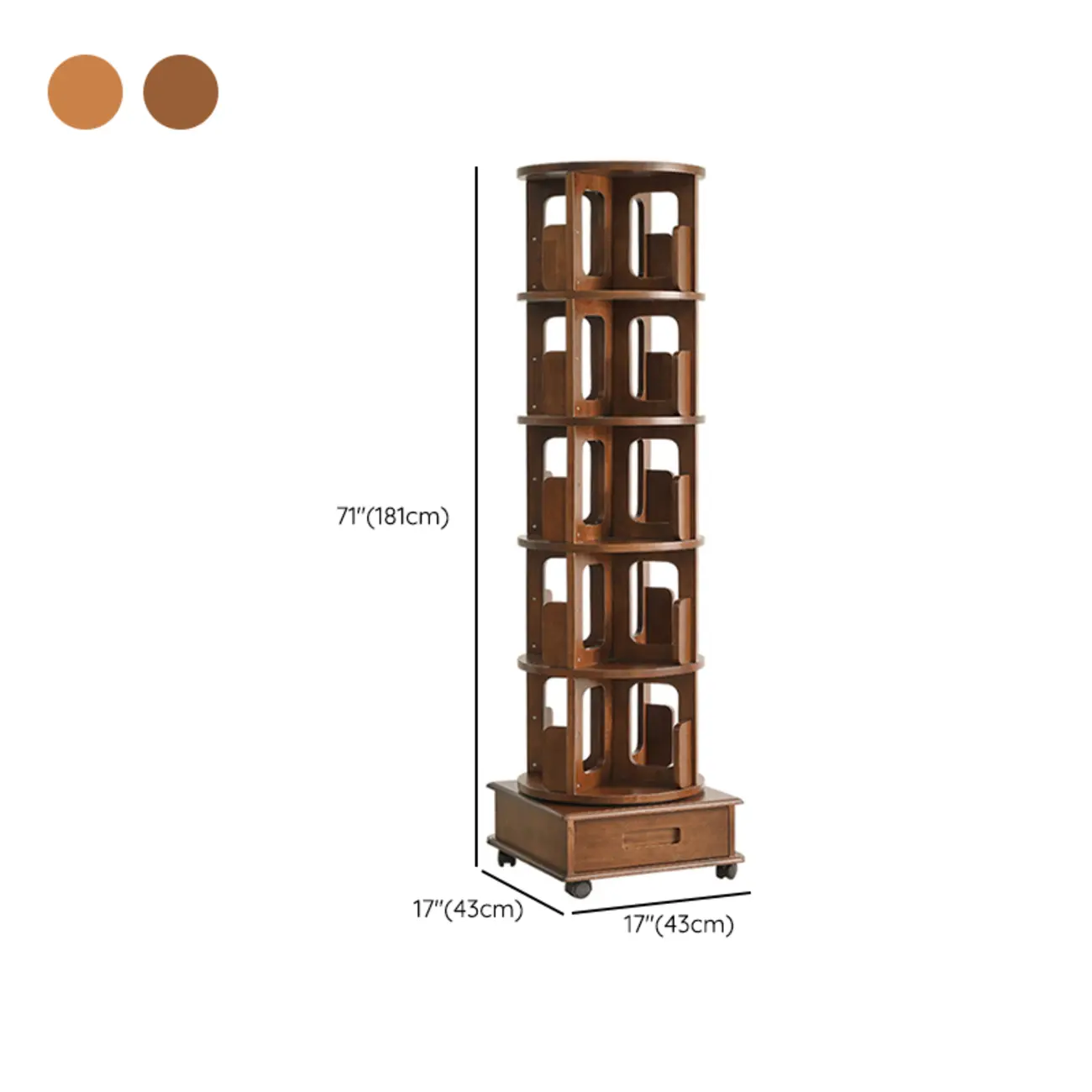 Narrow Rotating Cherry Wood Vertical Bookcase With Drawer #size | homeyfad