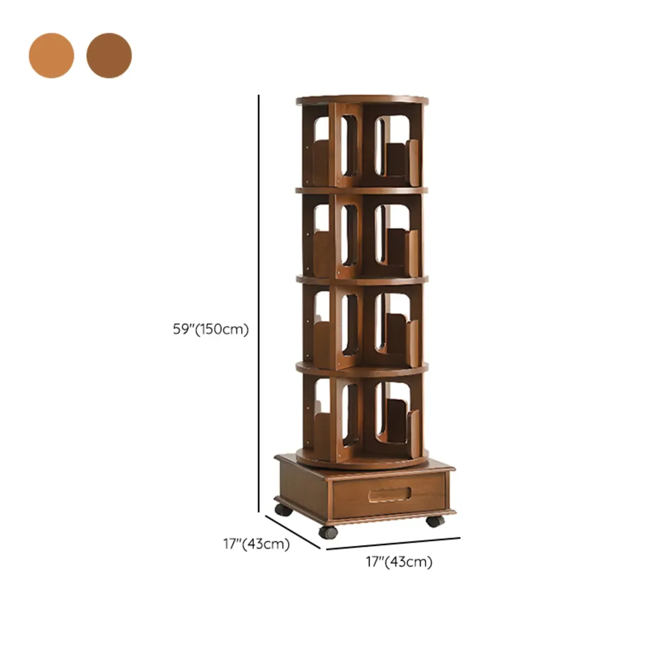 Narrow Rotating Cherry Wood Vertical Bookcase With Drawer Image - 18