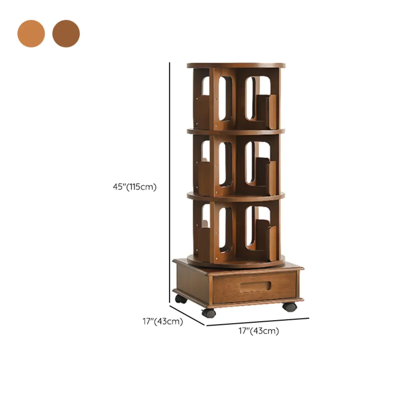 Narrow Rotating Cherry Wood Vertical Bookcase With Drawer Image - 19