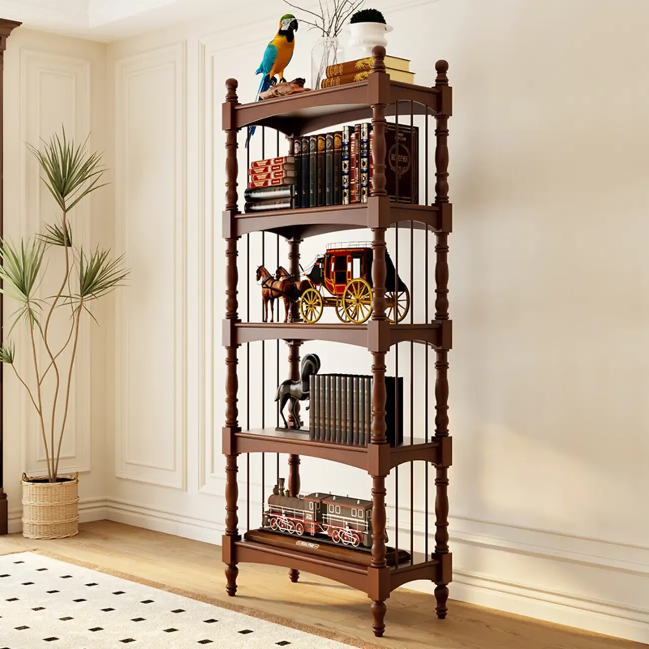 Traditional Brown Wooden Etagere Open 5-Shelf Bookcase Image - 3