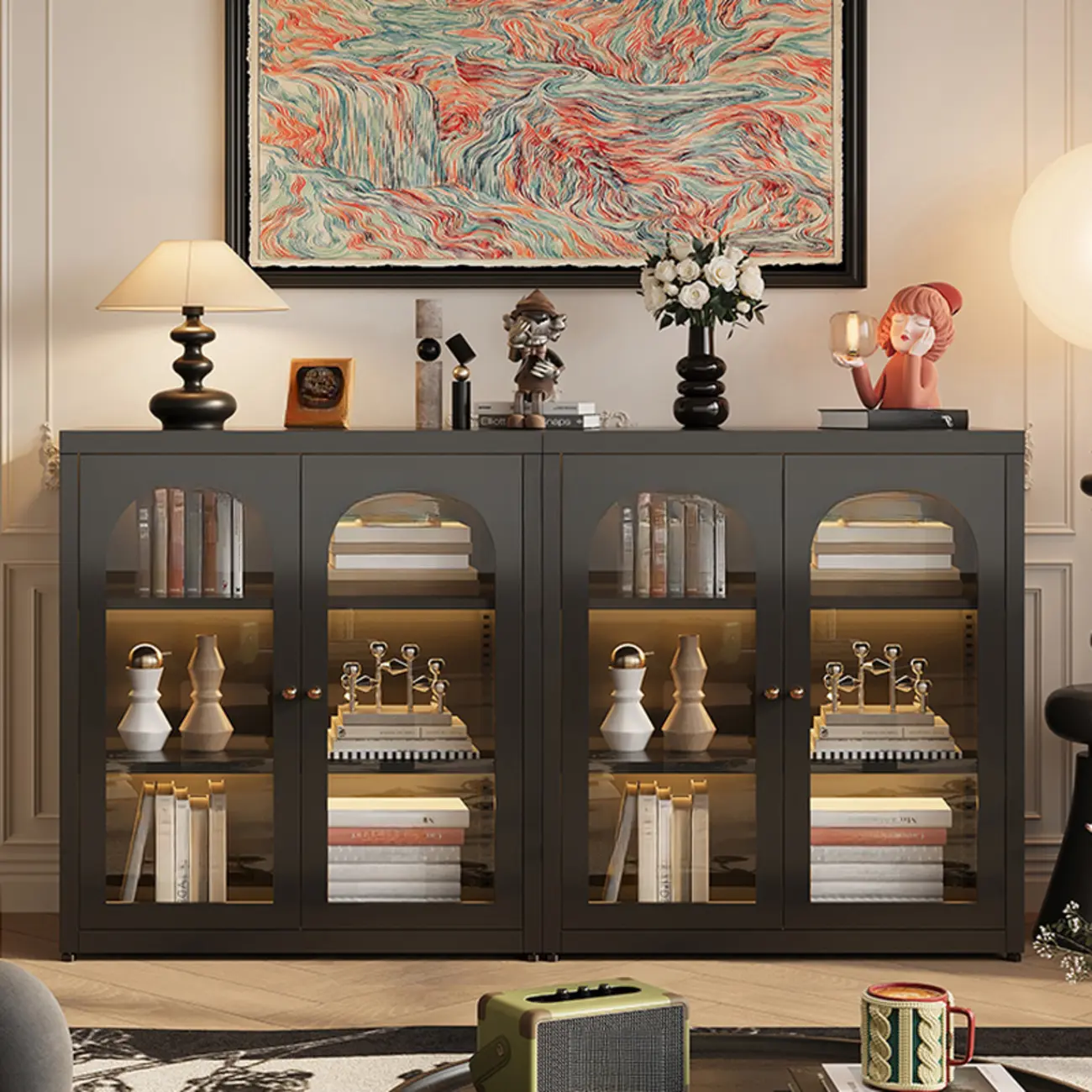 Standard Metal Black Closed Back Bookcase with Doors Image - 1 | homeyfad