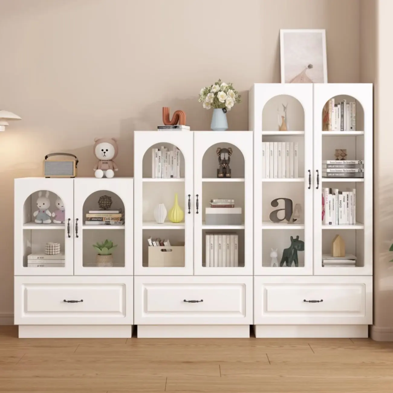 Multifunctional Glass Door Wooden White Bookcase with Drawer Image - 1 | homeyfad