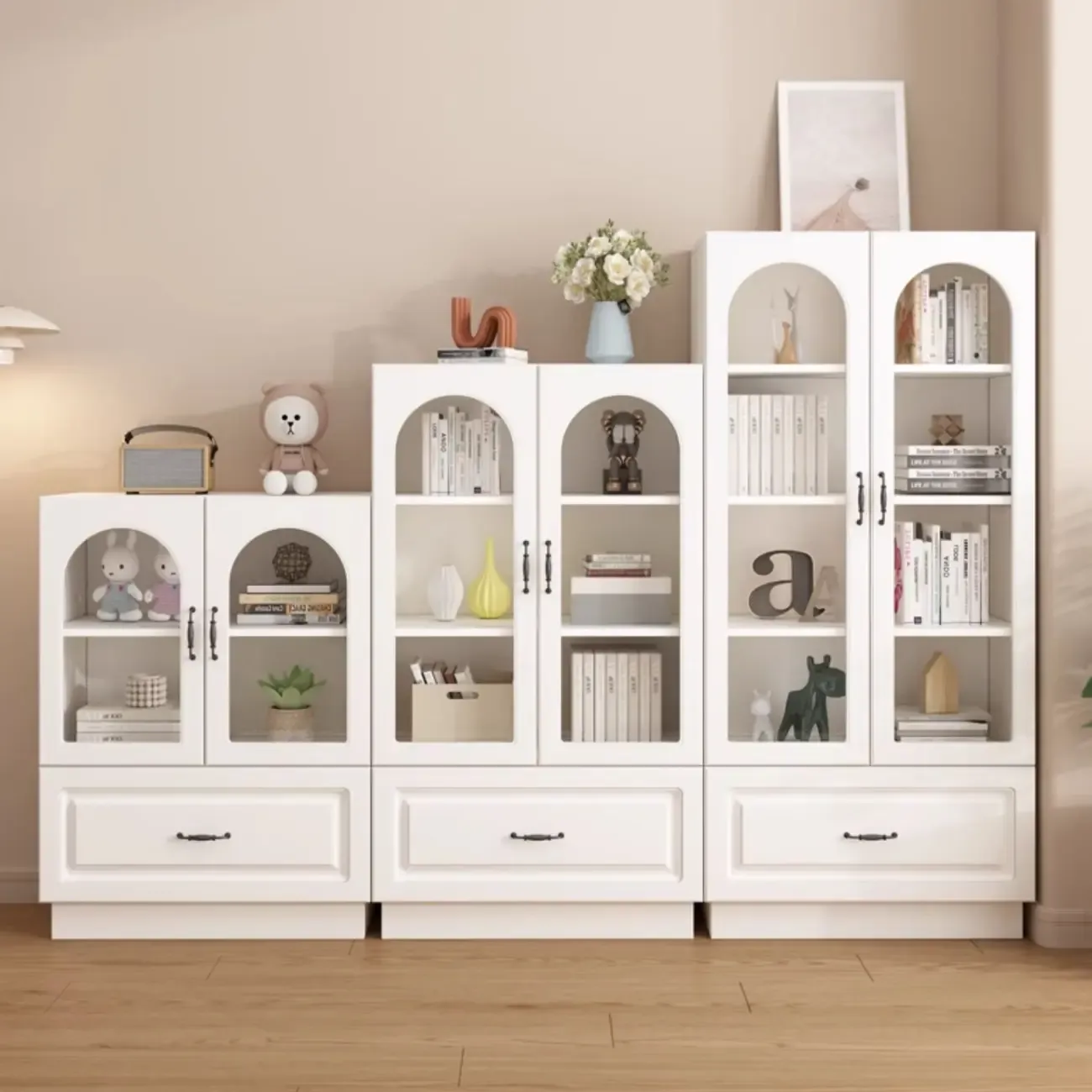 Multifunctional Glass Door Wooden White Bookcase with Drawer Image - 1