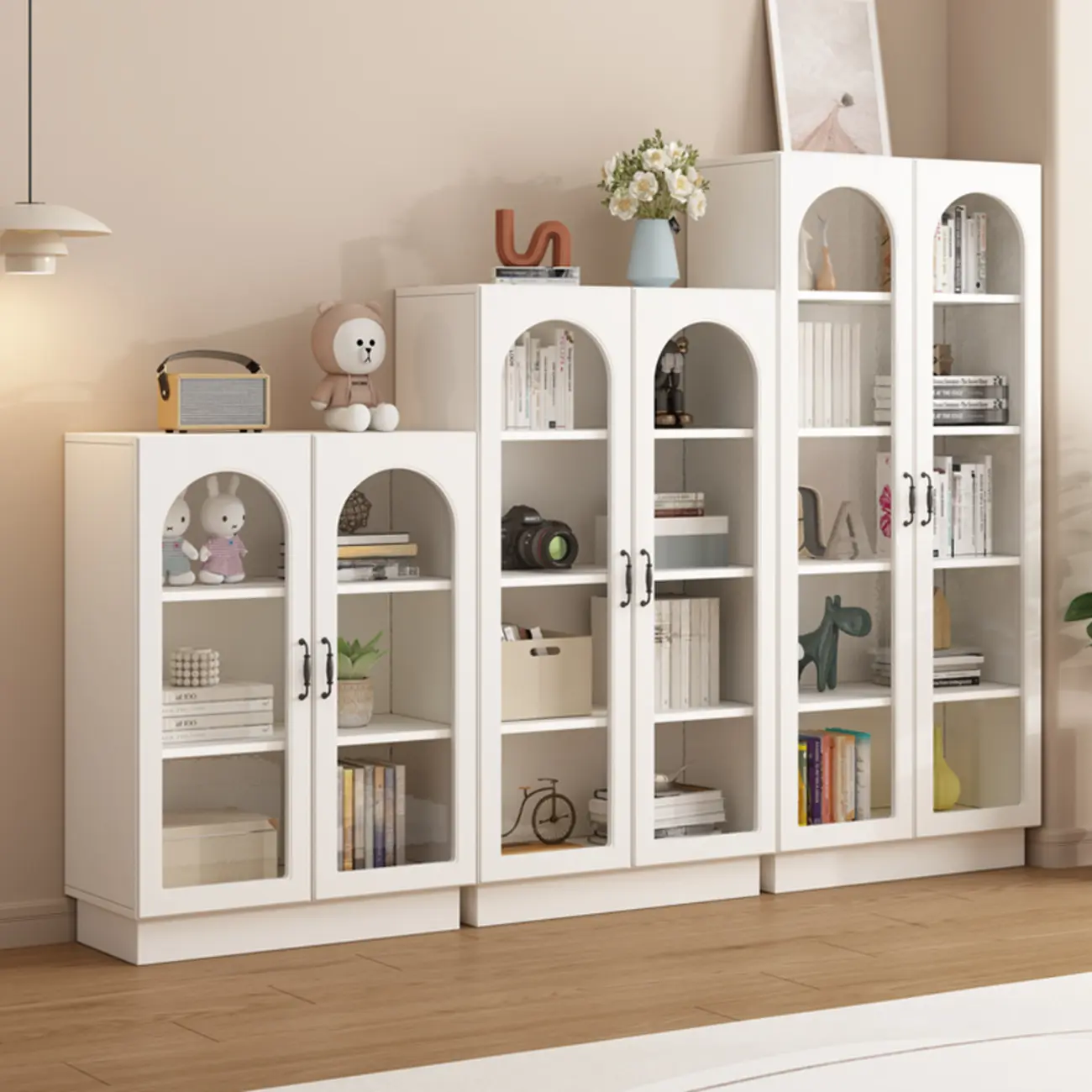 Multifunctional Glass Door Wooden White Bookcase with Drawer Image - 3 | homeyfad