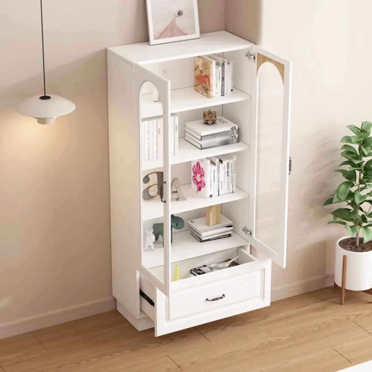 Multifunctional Glass Door Wooden White Bookcase with Drawer Image - 2 | homeyfad