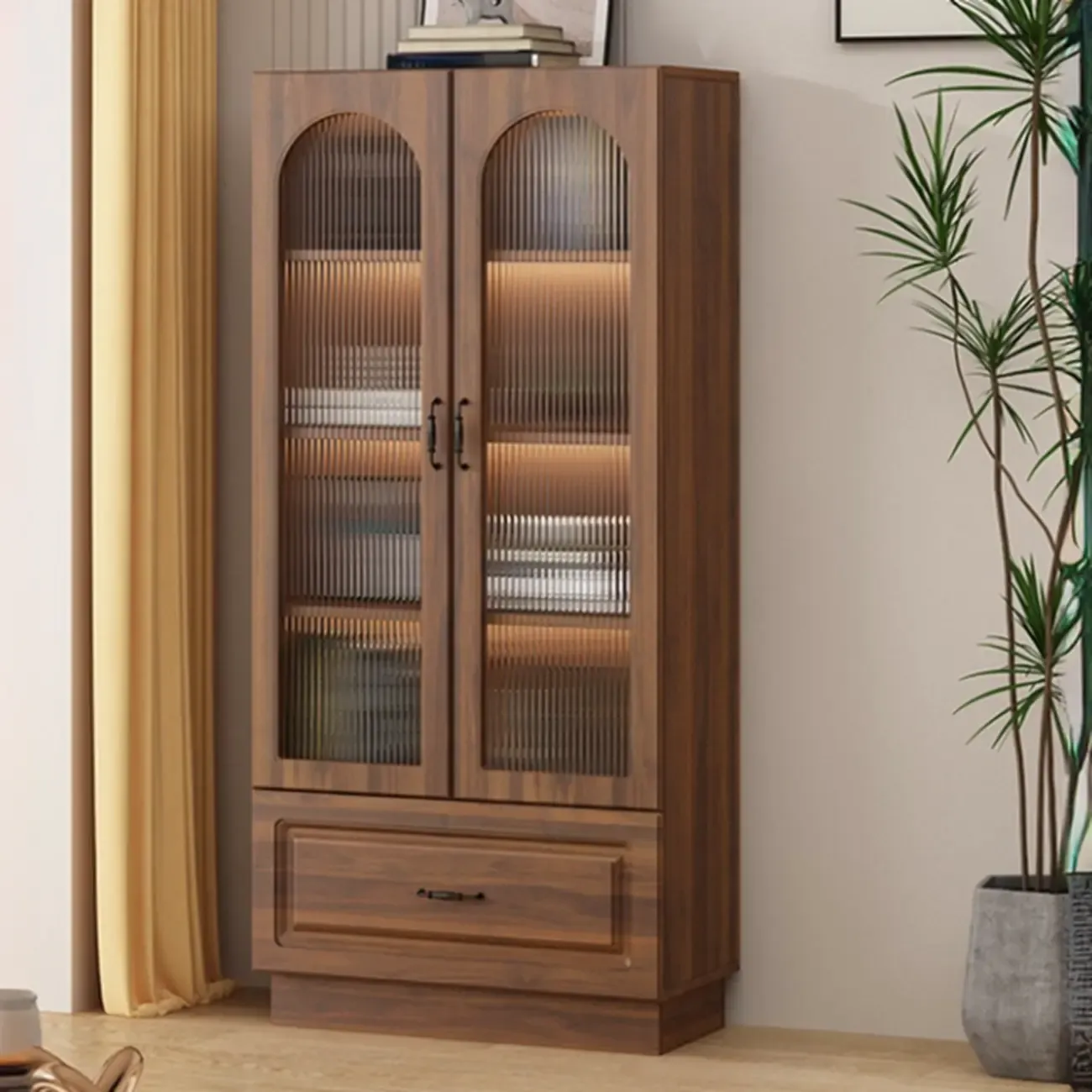 Multifunctional Glass Door Wooden White Bookcase with Drawer Image - 8