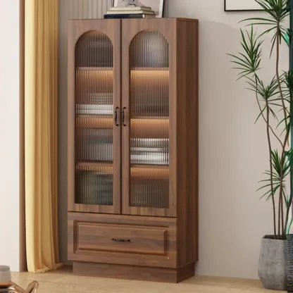 Multifunctional Glass Door Wooden White Bookcase with Drawer Image - 8