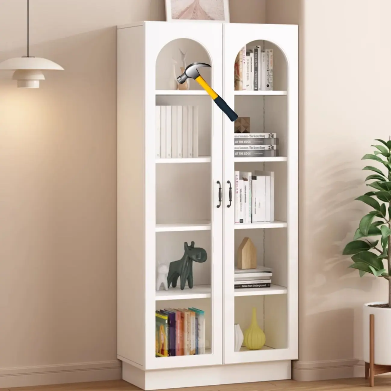 Multifunctional Glass Door Wooden White Bookcase with Drawer Image - 12 | homeyfad