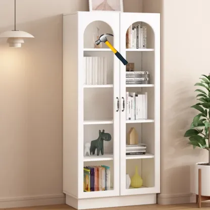 Multifunctional Glass Door Wooden White Bookcase with Drawer Image - 12