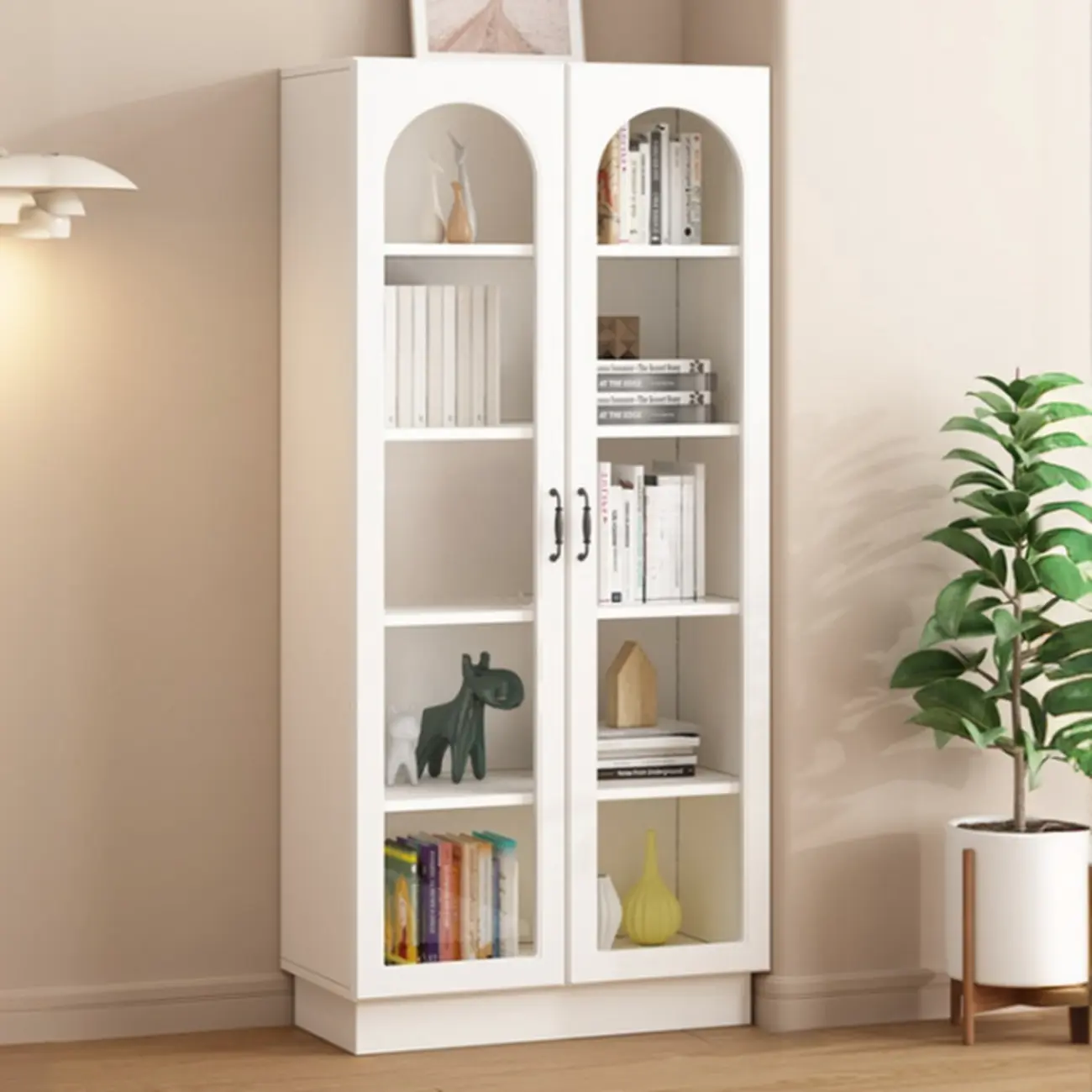 Multifunctional Glass Door Wooden White Bookcase with Drawer Image - 13 | homeyfad