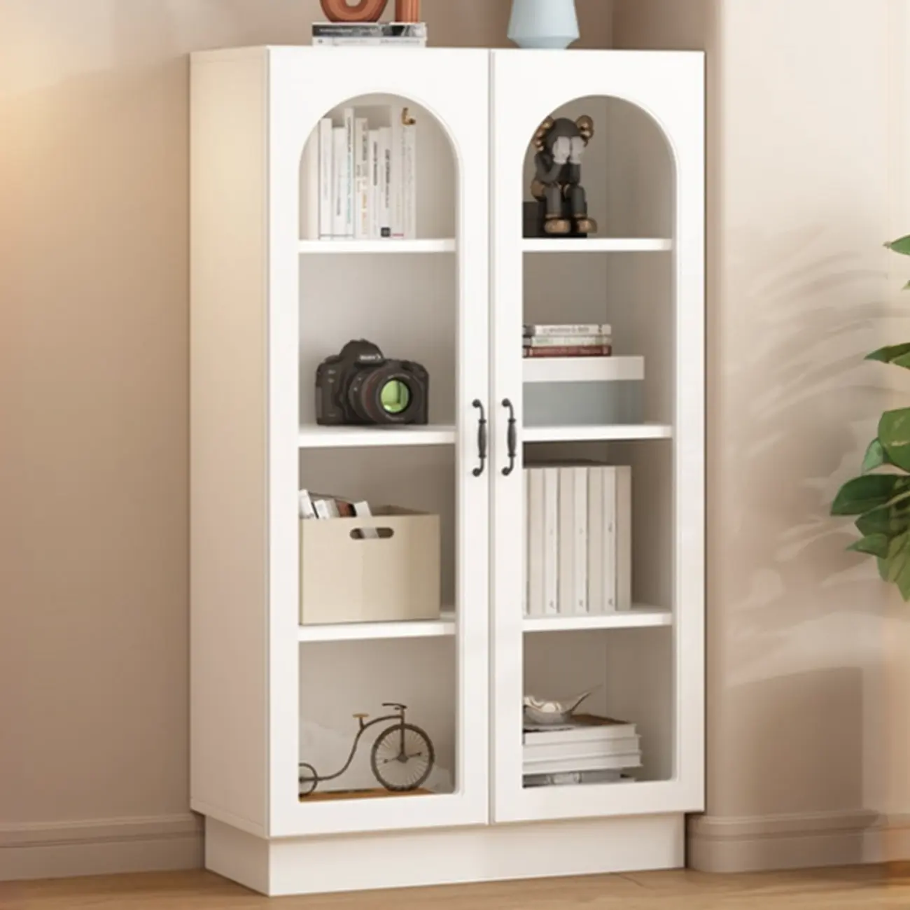 Multifunctional Glass Door Wooden White Bookcase with Drawer Image - 15 | homeyfad