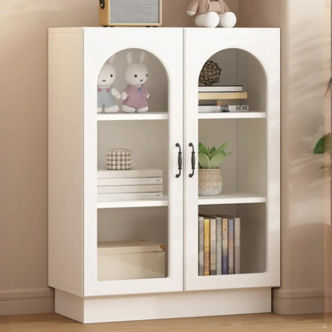 Multifunctional Glass Door Wooden White Bookcase with Drawer Image - 16 | homeyfad