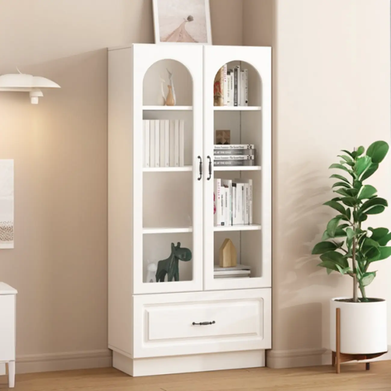 Multifunctional Glass Door Wooden White Bookcase with Drawer Image - 17 | homeyfad