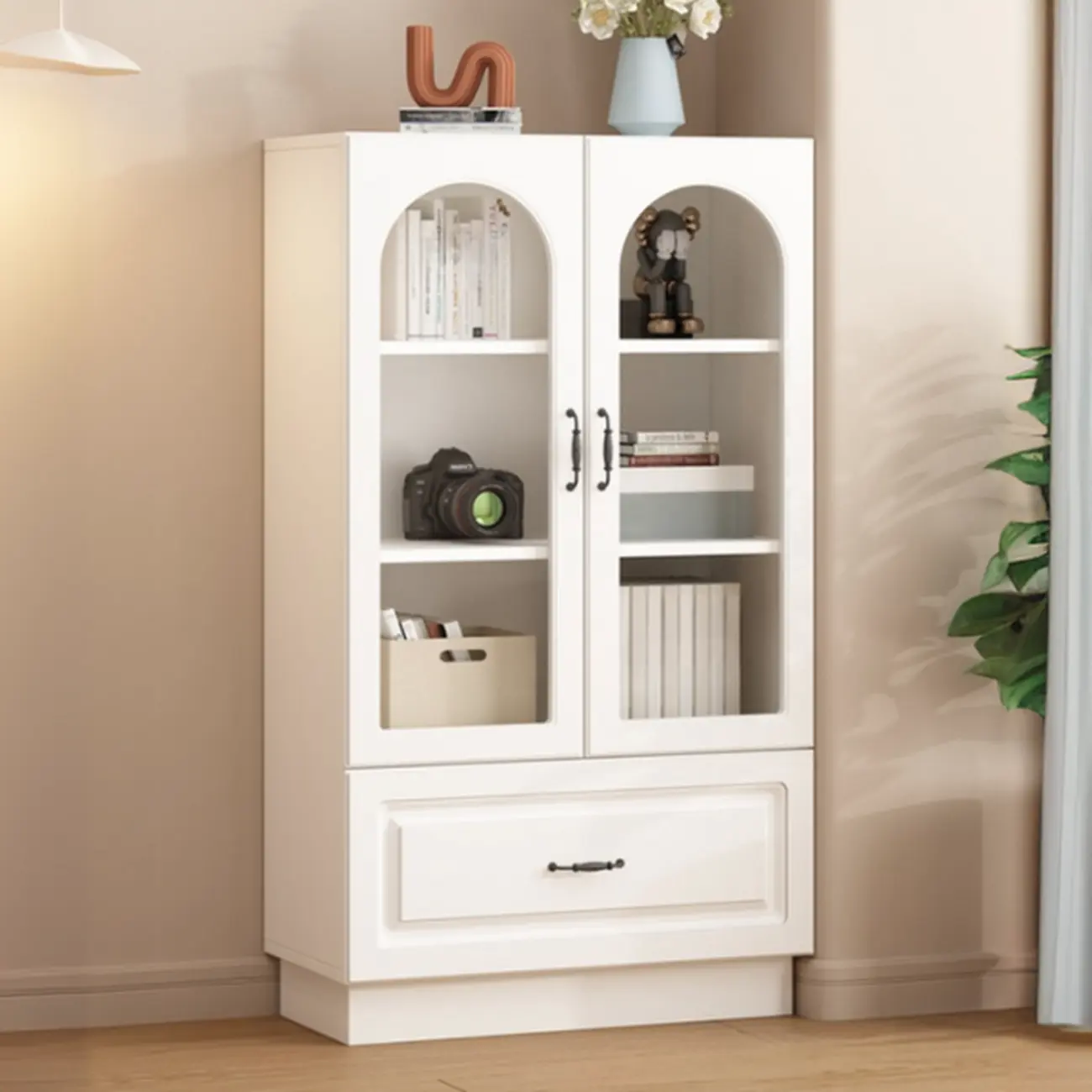 Multifunctional Glass Door Wooden White Bookcase with Drawer Image - 18 | homeyfad