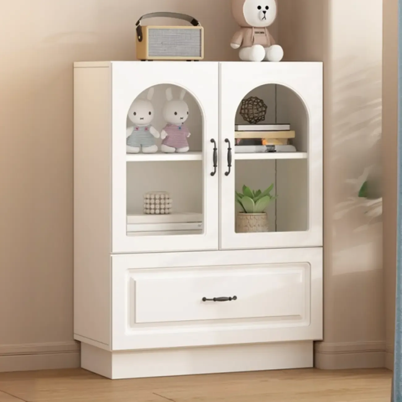 Multifunctional Glass Door Wooden White Bookcase with Drawer Image - 19