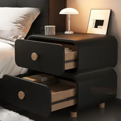 Solid Wood Leather-Top Black 2 Tiers Drawer Nightstand Image - 1
