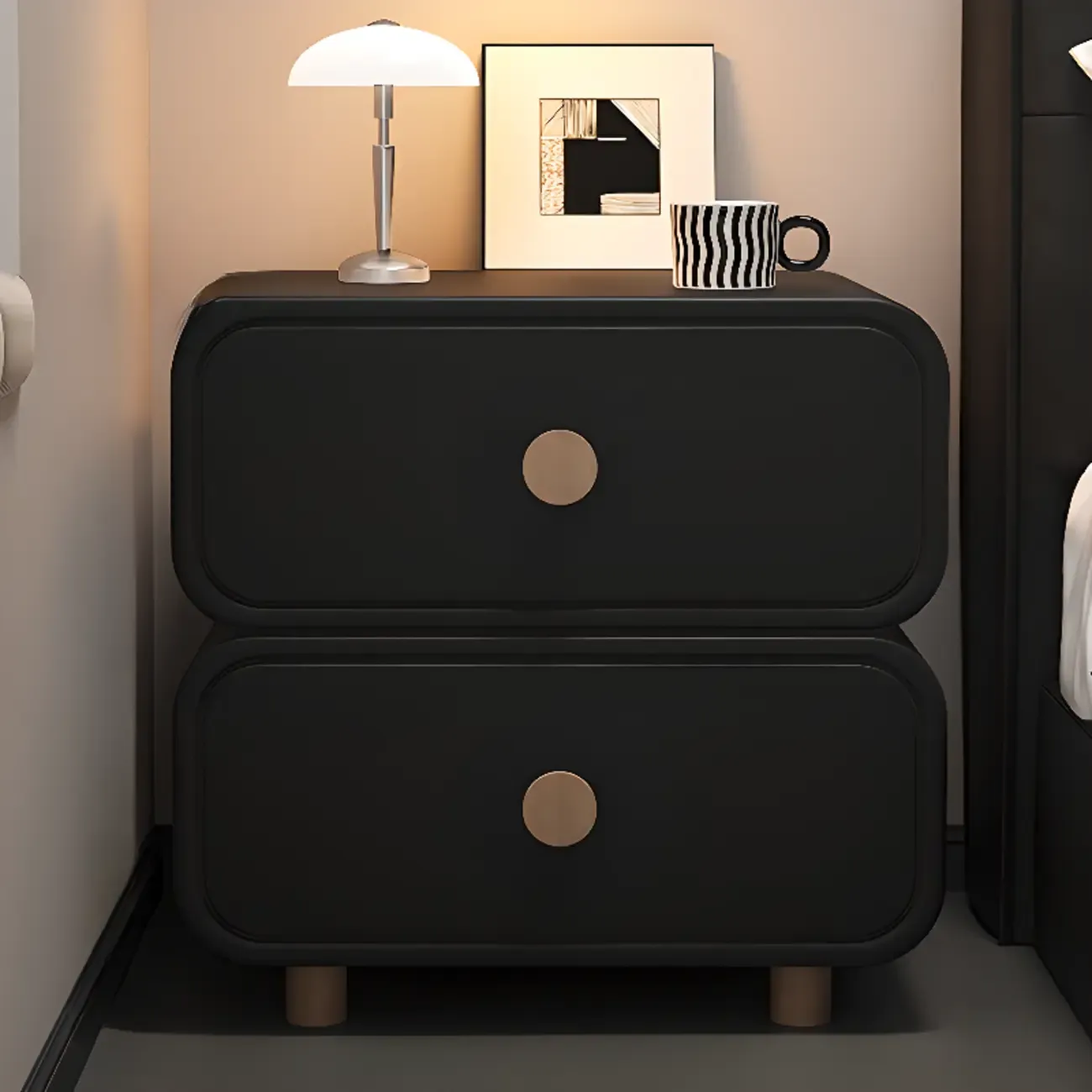 Solid Wood Leather-Top Black 2 Tiers Drawer Nightstand Image - 4