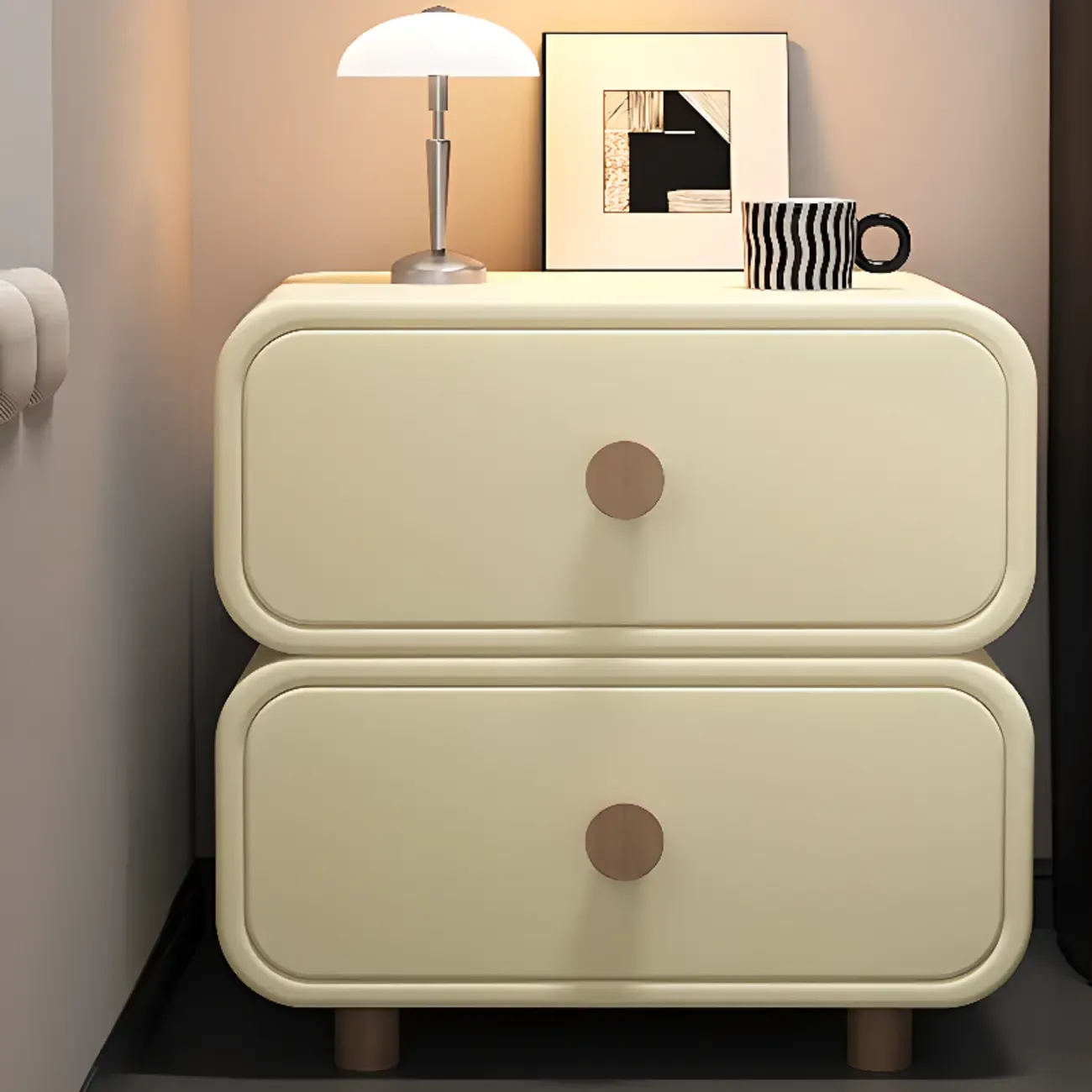 Solid Wood Leather-Top Black 2 Tiers Drawer Nightstand Image - 5