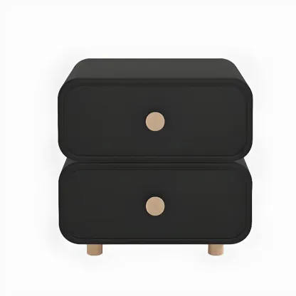 Solid Wood Leather-Top Black 2 Tiers Drawer Nightstand Image - 6
