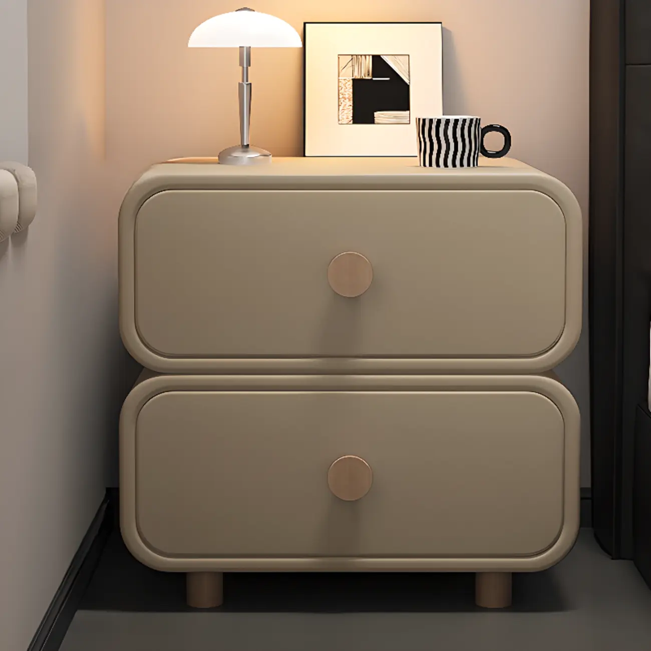 Solid Wood Leather-Top Black 2 Tiers Drawer Nightstand Image - 7 | homeyfad