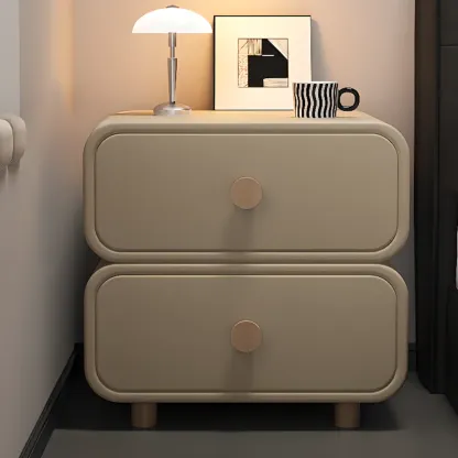 Solid Wood Leather-Top Black 2 Tiers Drawer Nightstand Image - 7