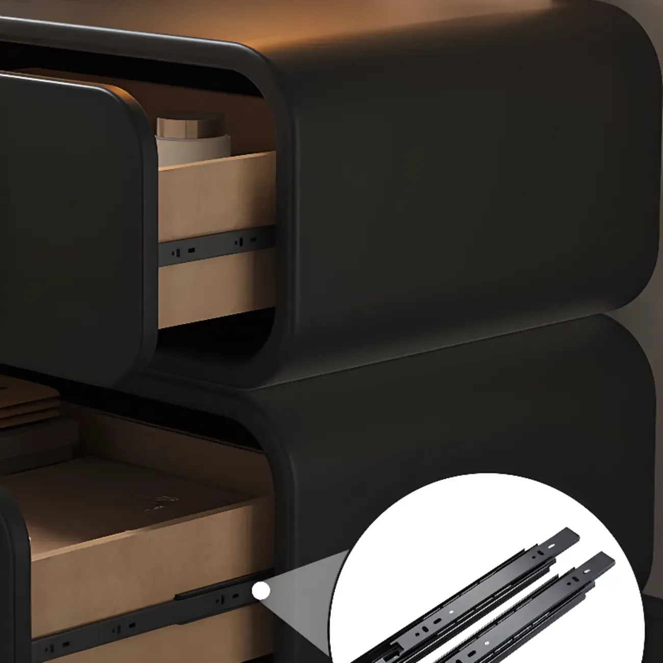 Solid Wood Leather-Top Black 2 Tiers Drawer Nightstand Image - 9