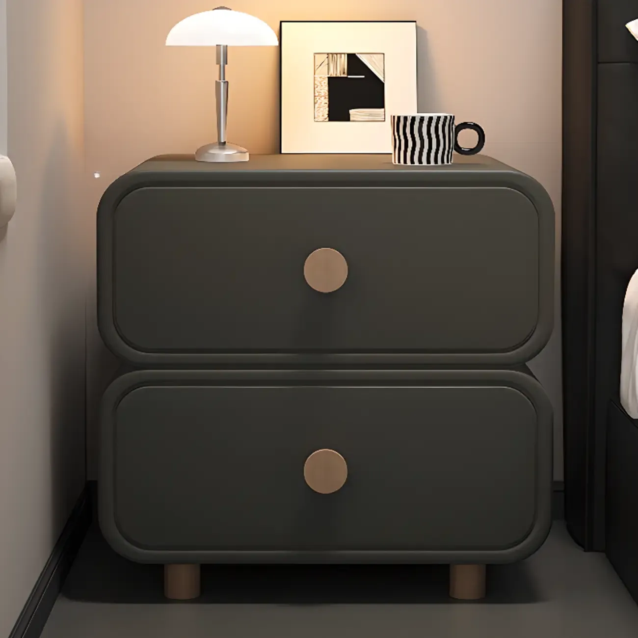 Solid Wood Leather-Top Black 2 Tiers Drawer Nightstand Image - 12