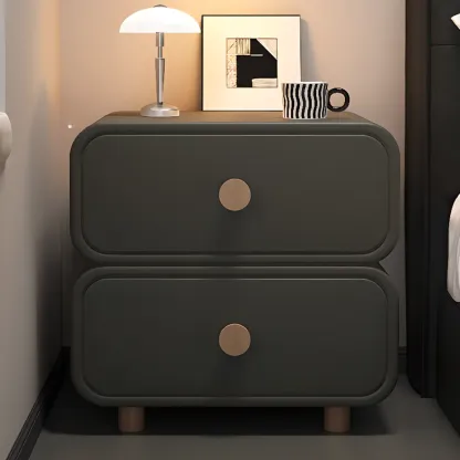 Solid Wood Leather-Top Black 2 Tiers Drawer Nightstand Image - 12