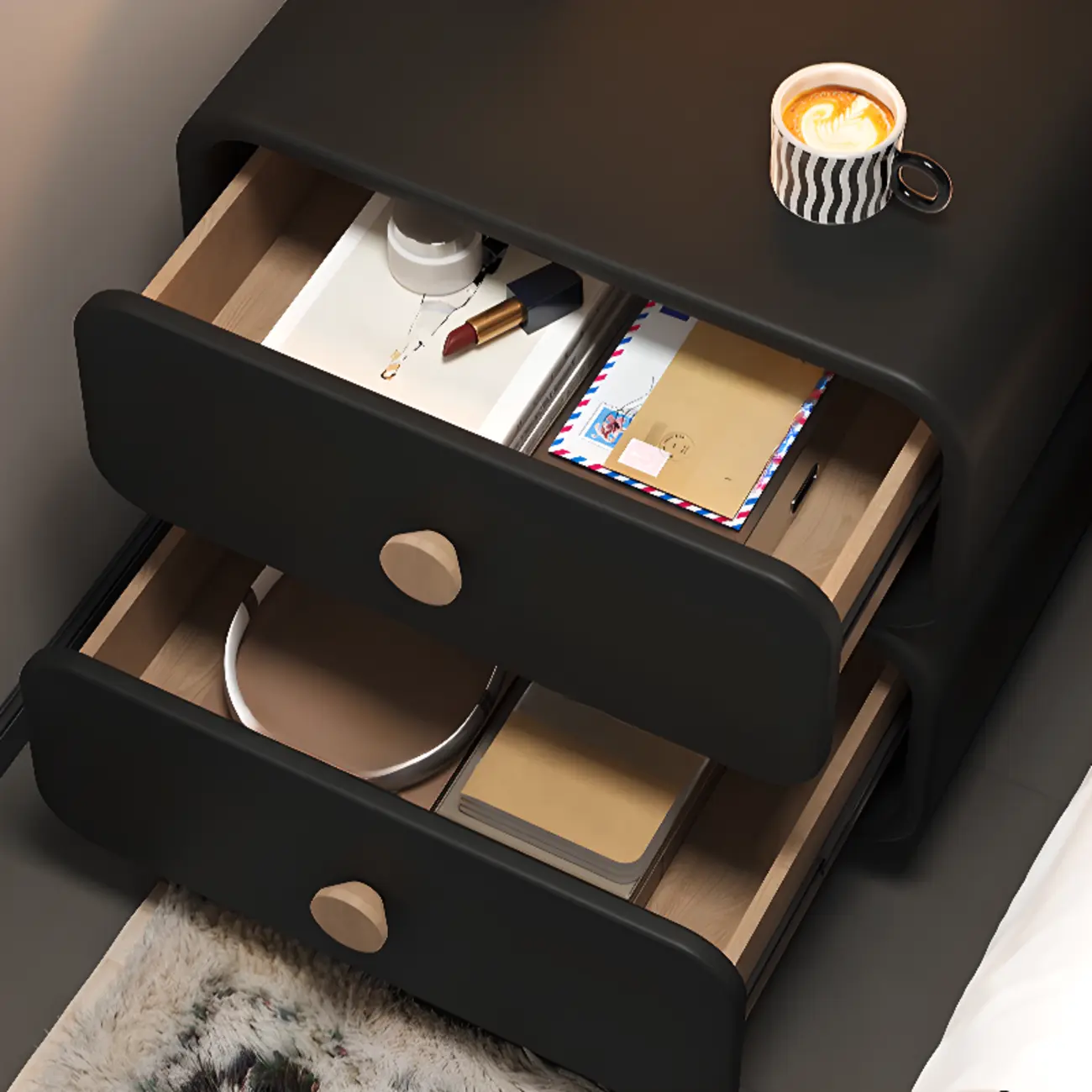 Solid Wood Leather-Top Black 2 Tiers Drawer Nightstand Image - 3 | homeyfad