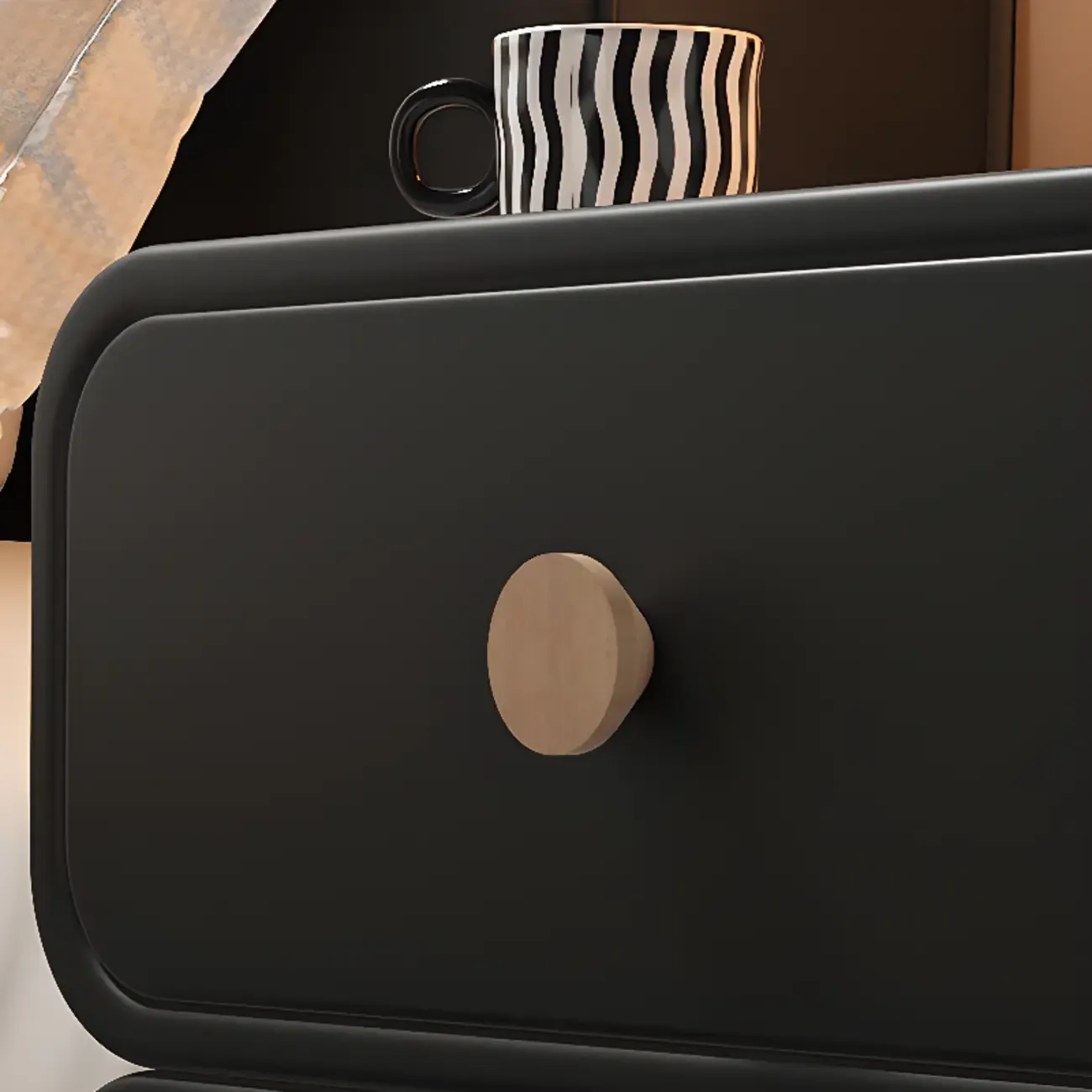 Solid Wood Leather-Top Black 2 Tiers Drawer Nightstand Image - 14