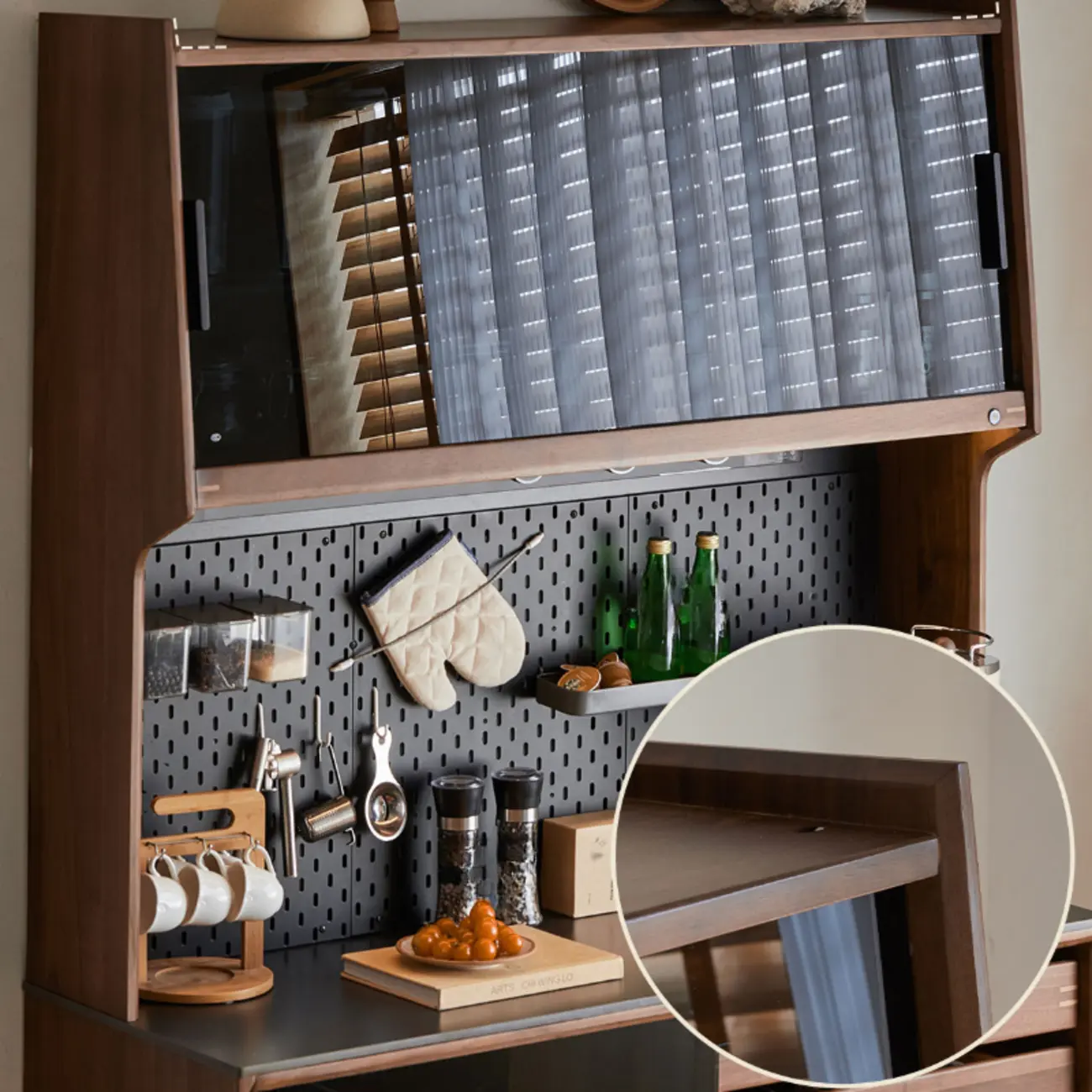 Trendy Wood Brown Slatted Doors Sideboard Pegboard Back Image - 4 | homeyfad